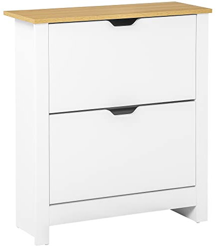 HOMCOM Armoire à Chaussures 2 Portes abattantes 2 Compartiments Panneaux Particules Blanc chêne