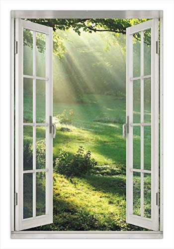 Wallario Wandbild - Sonnenstrahlen im Wald in Premiumqualität, Poster mit rahmenlosen Bildhalter, Größe: 61 x 91,5 cm mit Fenster-Illusion