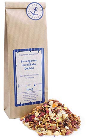 Früchtetee lose Birnengarten Havelländer Gedicht Birne Ananas Papaya Mango Dattel Feige Rosenblüten Sonnenblumenblüten Johannisbeeren Malvenblüten Früchte Tee sahniger Pfirsich-Ananas Geschmack 500g