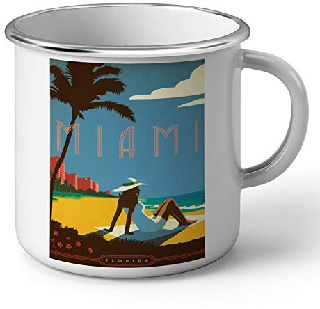 Fabulous Emaillierter Metallbecher 284ml Miami Strand Poster Vintage Reisen Art Deco 30er Jahre