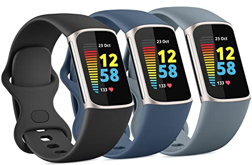 Vancle 3 Pack Kompatibel mit Fitbit Charge 5 Armband, Weich Silikon Verstellbare Sport Ersatzband für Fitbit Charge 5 Damen Herren (L, Schwarz/Marineblau/Blaugrau)