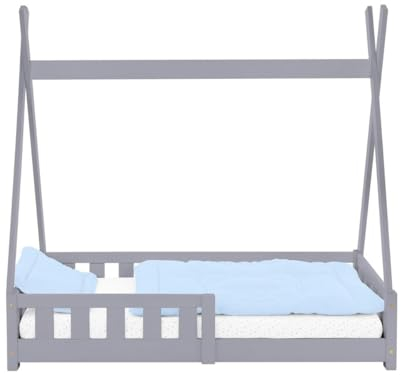 ML-Design Kinderbett Tipi 70x140 cm Hellgrau mit Matratze, Rausfallschutz & Lattenrost, aus Kiefernholz, Indianer Bett für Mädchen & Jungen, Hausbett mit Zaun, Bodenbett Jugendbett Spielbett Holzbett