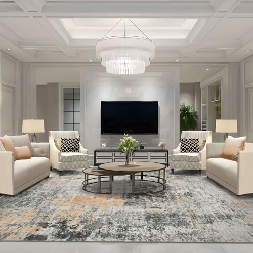 TALETA Teppich Wohnzimmer, waschbarer Teppich Kurzflor, Moderner-Teppich für Schlafzimmer, Küche, Esszimmer, Grauer-Teppich mit schwarz-goldenem Muster, Groß: 240x340cm