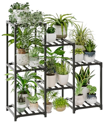 Bamworld Porta Piante da Esterno Portavasi da Interno Supporto per Piante Legno Nero Portavaso Balcone 7 Scale in Vaso Arredo Giardino Bonsai Vaso(86x30x81cm)