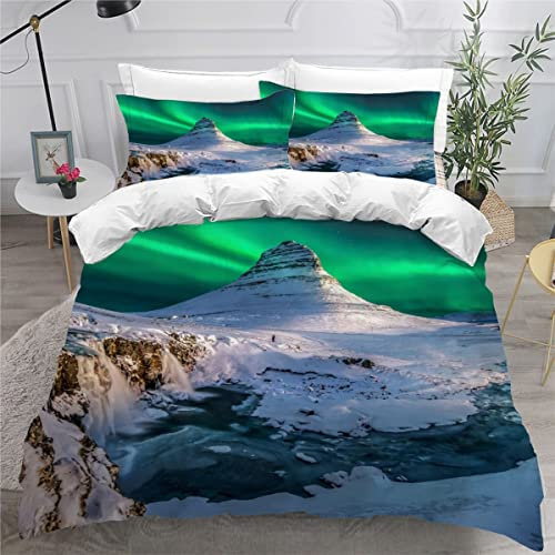Bettwäsche 200x200 Polarlicht 3D Bettwäsche Set 3teilig für Jugendliche Jungen Mädchen Die Berge 100% Mikrofaser Weich Teenager Bettbezug mit Reißverschluss und 2 Kissenbezüge 80x80