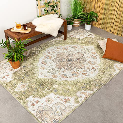 FRAAI | Home & Living Vintage Gartenteppich - Santo Mandala Grün - Wetterfest - Polyester - Flachgewebe - Balkon - Terrasse - Rug