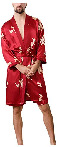 Bathrobe Men's Lightweight Thin Dressing Gown Summer Satin Short Sauna Gown Japanese Kimono Robe Long Sleeve Bathrobe Pyjamas Sleepwear Satin Nightdress House Coat Gifts for Men, Wine Red, Large