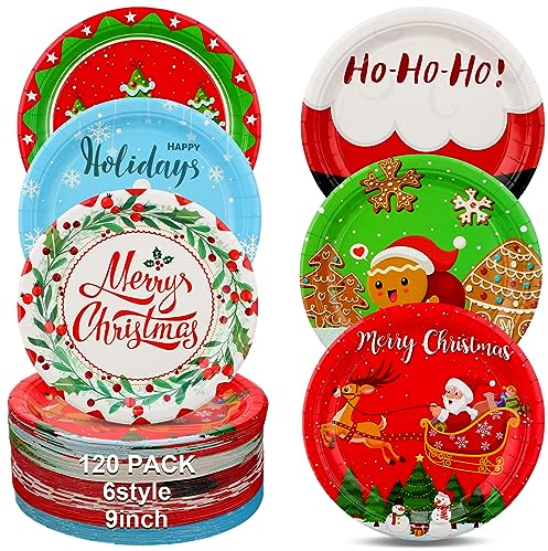 Sliner 120 Stück Papier-Dessertteller, Einwegteller, Weihnachtsmann, Schneemann, Weihnachtskranz, Rentier, Lebkuchenmann, für Weihnachtsfeiern, Weihnachtsfeierdekorationen, 6 Stile (22,9 cm)