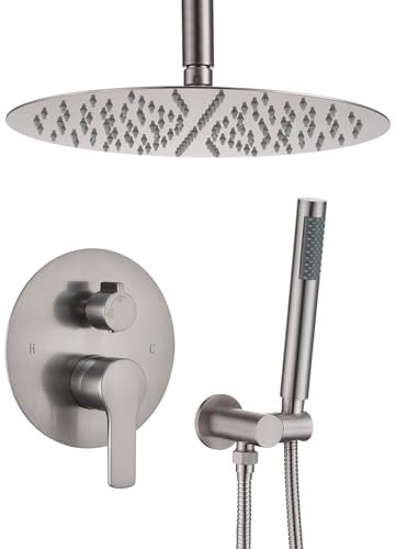 Iriber Round Ceiling Mount Shower System Brushed Nickel Shower System with 12 Inch Shower Head and Hand Shower Set for Bathroom Containing Shower Faucet, Shower Mixer Tap, Shower Mixer