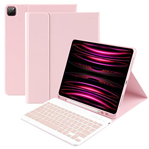Étui avec clavier pour iPad Air 13, clavier pour iPad Pro 12,9 avec clavier compatible avec iPad Pro 6e/5e/4e/3e génération 2022-2018/Air (M2) avec fonction veille/réveil automatique, rose