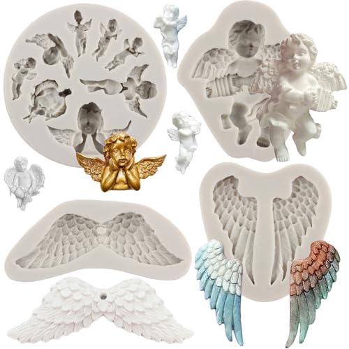 MYPRACS Lot de 4 moules en silicone en forme d'ailes d'ange pour décoration de gâteau, pâte à sucre, cupcakes, bonbons, chocolat, argile polymère