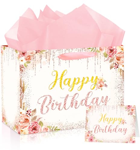 Rose Gold Birthday Gift Bags, Large Pink Floral Happy Birthday Party Favor Bags with Greeting Card and Tissue Wrapping Paper for Girls Women Mom Daughter Wife Sister Anniversary Birthday Party