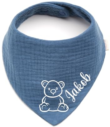Personalisiertes Dreieckshalstuch aus Baumwolle/Musselin | Teddybär mit Namen | Halstuch für Jungen, Mädchen | Viele Farben (Indigo)