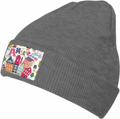 Warme Wintermütze und stilvolle dunkelgraue Strickmütze für Damen und Herren, abstrakte Natur, minimalistische Beanie-Mütze, 2141c-amsterdam Holland Travel Beanie Hat Cap, One size