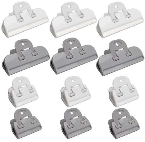 LELE LIFE 12Pcs Chip Clips with Hanging Hole & Foldable Handle, Bag Clips Food Clips, Kitchen Sealing Clips for Potato Chip, Snack, Bread and Other Food Storage, 6 Large 6 Small,White & Grey
