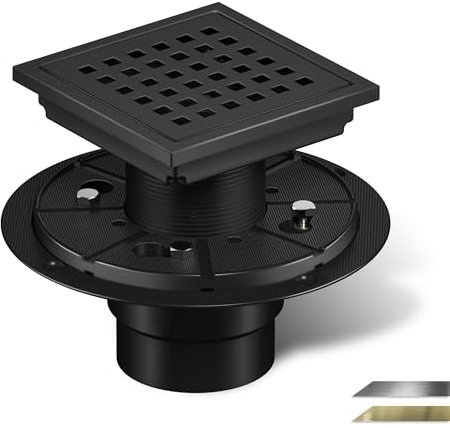Georkios Schwarzer quadratischer Bodenablauf, 15,2 cm, SUS304 Edelstahl-Flansch, Dusch-Haarsieb mit abnehmbarer Gitterabdeckung