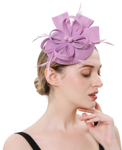 Generisch Fascinator für Damen, Cocktail, Hochzeit, Kirche, Kopfbedeckung, Feder-Haarschmuck, Fascinator-Hut, Flieder, Einheitsgröße