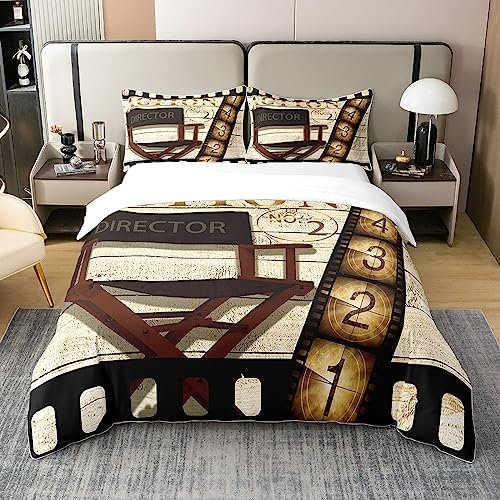 Loussiesd Vintage Kino Poster Design Bettwäsche für Jungen Kinder Rustikale Holz Alte Mode Home Dekor Stuhl 100% Baumwolle Bettwäsche Set 155x220cm Dekor Bettbezug Set 2Stück