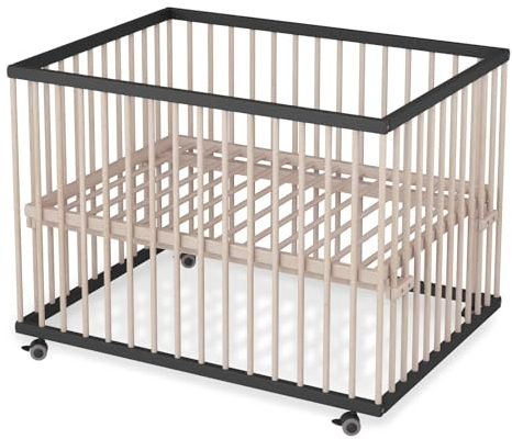 Sämann Laufstall Baby mit Lattenrost | stufenlos höhenverstellbar | Laufgitter Premium | Babybett aus Holz | Krabbelgitter (schwarz/natur, 75x100 cm)