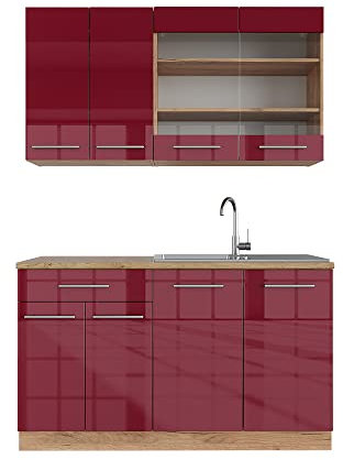 Vicco Singleküche Fame-Line, Bordeaux Hochglanz/Goldkraft Eiche, 140 cm, AP Eiche