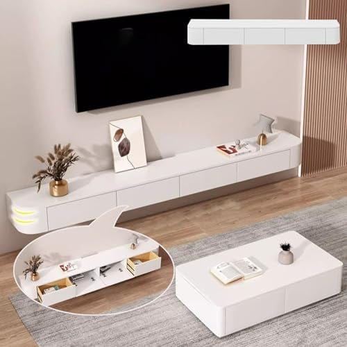 XDXINY Support TV flottant de grande taille - Support TV mural - Plusieurs compartiments de rangement - Convient pour le salon, la chambre à coucher (blanc, 140 x 20 x 24 cm)