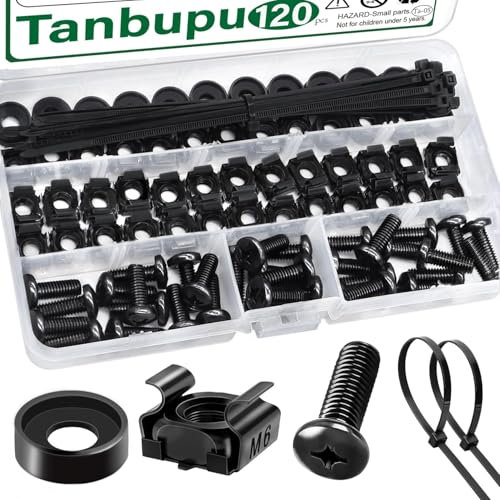 Tanbupu Lot de 120 écrous de cage M6 x 16 mm pour montage en rack, vis, rondelles et serre-câbles autobloquants, vis de rack de serveur et écrous carrés pour montage en rack, étagères