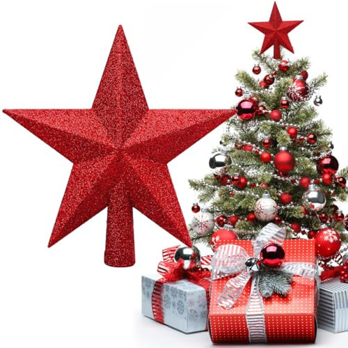 Christbaumspitze Stern, Stern Weihnachtsbaumspitze,Glänzender Weihnachtsstern,Tannenbaumspitze Für Weihnachtsbaumschmuck Party Dekoration(20cm) (Rot)
