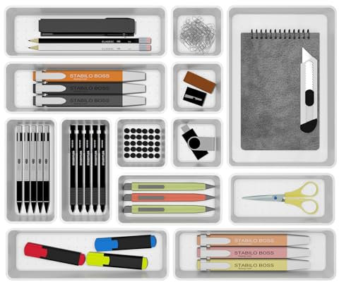 Cetomo Juego de 14 organizadores de cajones, organizador de cajones de almacenamiento de plástico, separadores de cajones, ajustable y expandible, bandeja contenedor para utensilios de cocina,