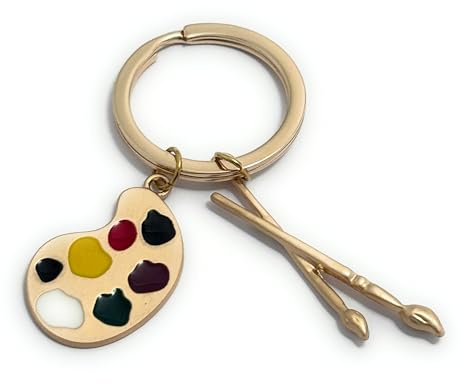 FizzyButton Gifts Artist Keyring Key Ring with Gold Tone Charms - Paintbrushes and Enamel Palette