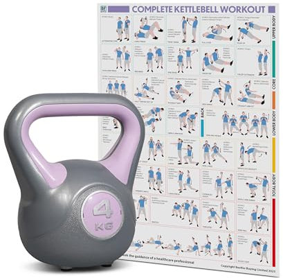 Bestfor Kettlebell Vinyl Coated, Two Tone, Weight Lifting Strength Kettle Bell, for Training, Cardio, Fitness, Muscle Exercise Chart, Body Building, Home Gym Workout 4kg