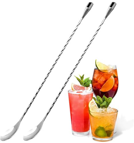 Set of 2 Mixing Spoon Stainless Steel Professional Cocktail Bar Tool Japanese Style Teardrop End Design for Ice Cream, Coffee, Milkshakes, Juice, Tea, Drink