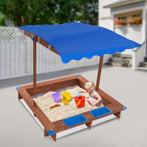 DSYOGX Sandkasten mit Dach, 126x121x118cm Holz Sandkasten Sandmuschel mit Deckel Kindersandkasten Holzsandkasten Sandkästen für Garten Hinterhöfe Strände für Kindern Alter von 3-14 Jahren (Blau Braun)