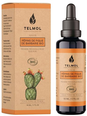 TELMOL Huile de Pépins de Figue de Barbarie Bio (50ml) — Flacon en verre violet biophotonique & Pipette — 100% Pure, Première Pression à Froid — Huile de Figue de Barbarie Bio Visage Anti-Âge