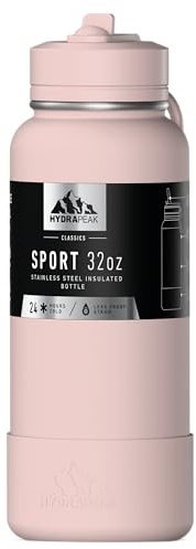 Hydrapeak 32oz Sport Insulated Water Bottle with Straw Lid, Leak & Spill Proof, Keeps Drinks Cold for 24 Hours, Hot for 12 Hours, Premium Stainless Steel Water Bottles (32oz, Blossom Pink)