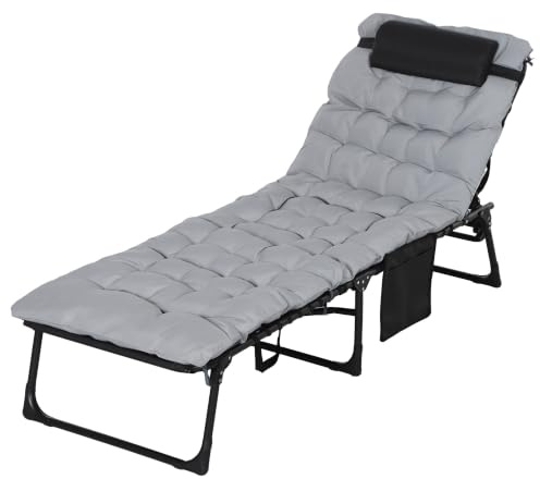 Outsunny Sonnenliege Faltbar 5-Stufig Verstellbare Rückenlehne Hellgrau | Gartenliege, Campingliege, Tasche, Kopfkissen, Gartenstuhl, bis 120 kg, für Garten, Balkon