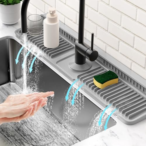 24'' Longer Faucet Mat for Kitchen Sink Water Splash Guard Behind Faucet | 7° Slope Fast Self-Draining| Snap Lock Fit, No Slip| Tidy Splash Guard| Silicone Drain Mat| Cut-to-Fit Most Faucets| Foldable
