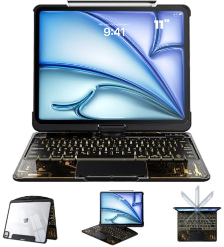 Tiaota Custodia trasparente con tastiera per Air 11 (M4/M3/M2) e Air 11 (4-5a generazione) e iPad Pro 11 (1/2/3/4th), tastiera iPad con rotazione a 360°+180°, display LCD, portapenne