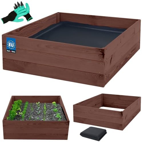 KOTARBAU® Tiefbeet Blumenkasten aus Holz 120x120x27cm Imprägniert Pflanzkästen Braun Hochbeet Kräuterbeete Pflanzkübel Anzuchtbeet Hochbeete für garten Gemüsezucht Gemüsekiste + Handschuhe mit Krallen