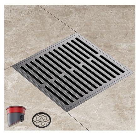 YIHANWUU Duschbodenablauf Mit Abnehmbarem Gitterrost Und Haarsieb, Quadratischer Duschablauf, Duschbodenablauf-Set Aus Messing/Gray/Inline Core