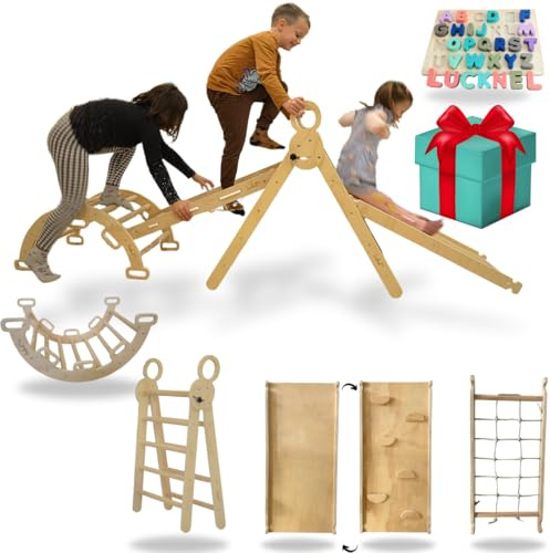Lucknel 5-in-1 Montessori Klettergerüst Indoor Set – Pikler Dreieck, Kletterbogen, Kletternetz und Indoor Rutsche mit doppelseitiger Rampe – Indoor Spielplatz ab 1 Jahr, naturbelassenes Holz