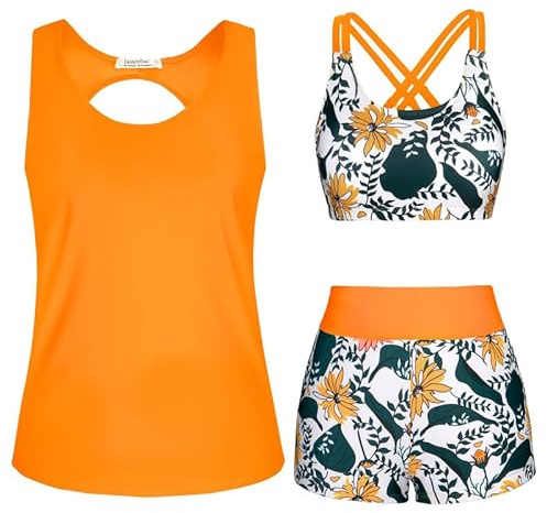 Women Swimming Costume，3 Piece Tankini Swimsuit for Women Swimwear Tank Top with Bikini Top Boyshort Set