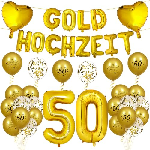 Goldene Hochzeit Luftballons Deko, Gold 50. Foil Jahrestag Luftballons Deko und 24 Stück 50. Zahl Goldene Hochzeit Gold Latex Konfetti Ballons für Goldener Hochzeitstag Feier Jubiläum Dekoration