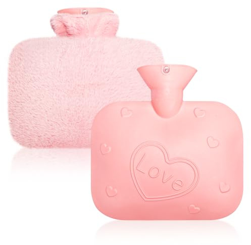 BONAVCY Hot Water Bottles with Fluffy Cover, 1L Heart-Shaped Hot Water Bags for Warm Pain Relief and Cold Heat Therapy, Pink