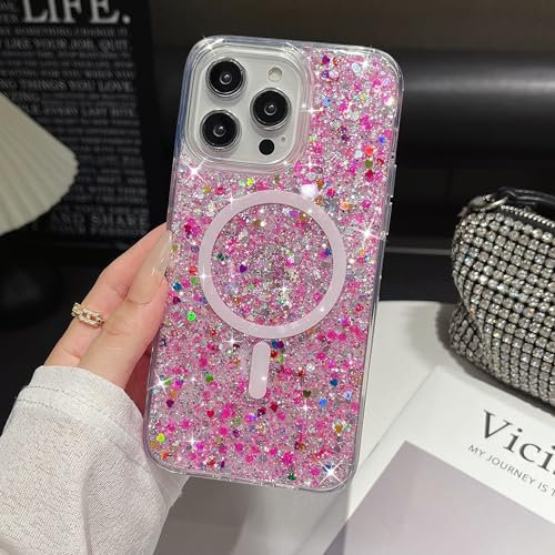 UEEBAI Glitter Case Magnetic for iPhone 11 Case, Luxury Shiny Bling Sparkly Phone Cover Compatible with MagSafe, Wireless Charge Crystal Diamonds Shiny Cover for Women - Hot Pink