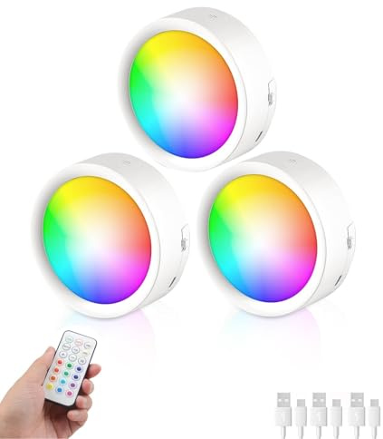 Rechargeable Puck Lights with Remote, 13 Colour Changeable Tap Light 3 Pack | Dimmable Push Lights,Stick On Closet Lights,Wireless LED Touch Lighting,for Under Cabinet, Bedroom Closet&Classroom,White