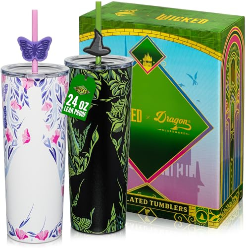 Dragon Glassware x Wicked: for Good Tumbler, 24 oz 2-Pack - Shadows | Set of 2 Vacuum Insulated Stainless Steel Wicked Cups with Lids & Straws; With Straw Charm; Official Wicked Merch