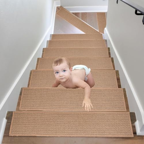 15Pcs Stufenmatten Innen,76x20cm Rutschfest Treppenstufen Matten,Selbstklebend Treppenmatten für Holzstufen,Treppenteppich Stufenteppich für Kinder Haustiere,Natürlichem Leinen,Maschinenwaschbare