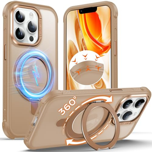 Anqrp 360°-Dreh-Magnetständer Case für iPhone 12/12 Pro Hülle, [rutschfeste Kante] Stoßfeste Stoßstange in Militärqualität, durchscheinende Matte Handyhülle, Hellbraun