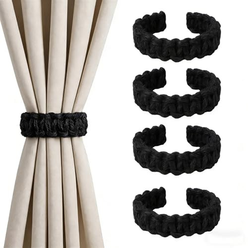 4 Stück Vorhang Raffhalter Boho gardinenhalter, Geflochtene Vorhanghalter Raffhalter Ohne Bohren für Gardinen, Vorhangverbinder für Zuhause Draußen Schlafzimmer Büro Dekorative Vorhänge - Schwarz