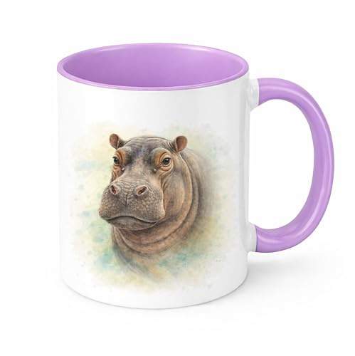Brew Crew Gifts Hippo Watercolour Mug, 11 oz Ceramic, Dishwasher Safe, Microwave Safe, Safari Theme (Lilac)